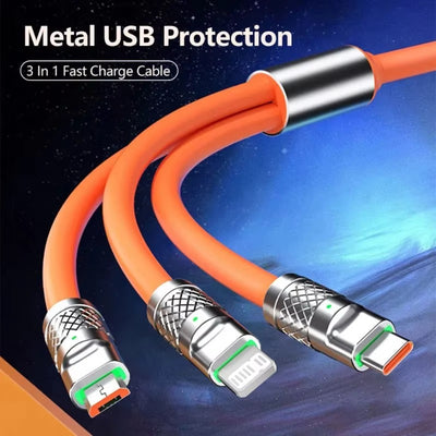 3 in 1 USB Cable 6A 120W USB Cable