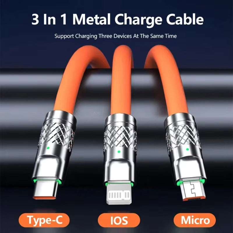 3 in 1 USB Cable 6A 120W USB Cable